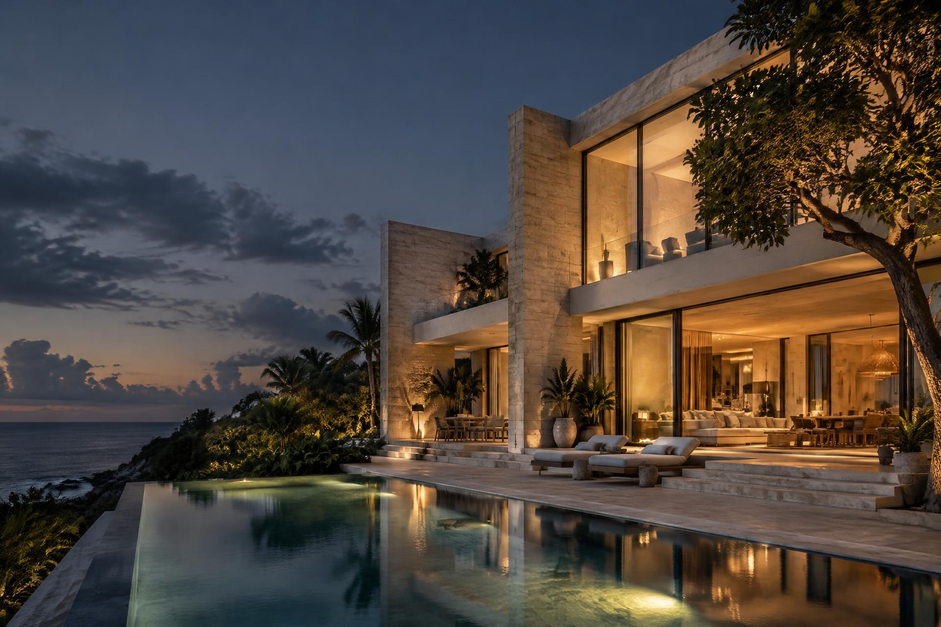 Residencia contemporánea de piedra junto al mar, con espacios iluminados y piscina al atardecer